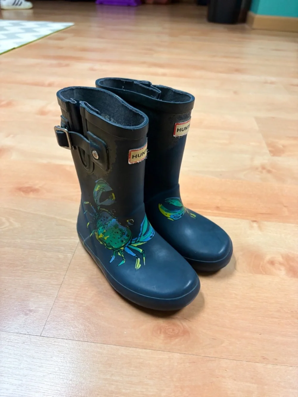 Hunter Navy Blue & Green Crab Graphic Rubber Rain Boots Unisex Toddler 8